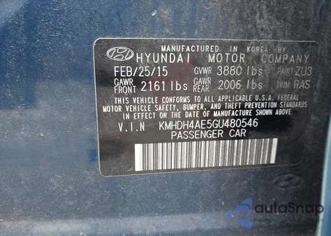 2016 Hyundai Elantra Se z USA, uszkodzony, nr VIN KMHDH4AE5GU480546